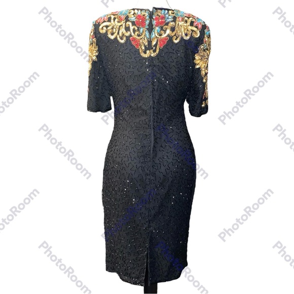 Vtg Scala Milan Paris LA Beaded Sequin Blk Silk SS Dress Size M India Semi Sheer - Picture 7 of 12